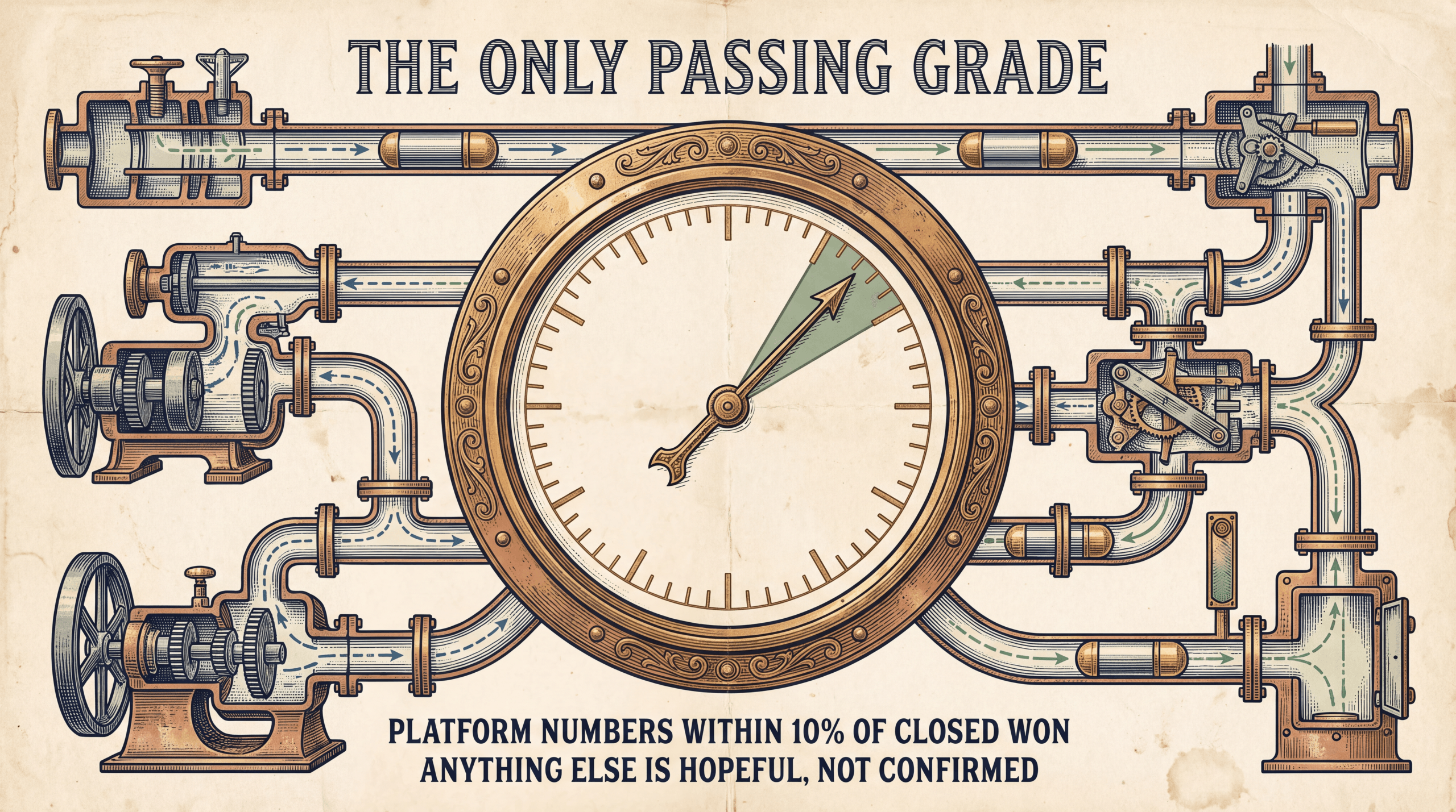Brass pressure gauge with the needle in the green wedge, platform numbers within 10 percent of closed won